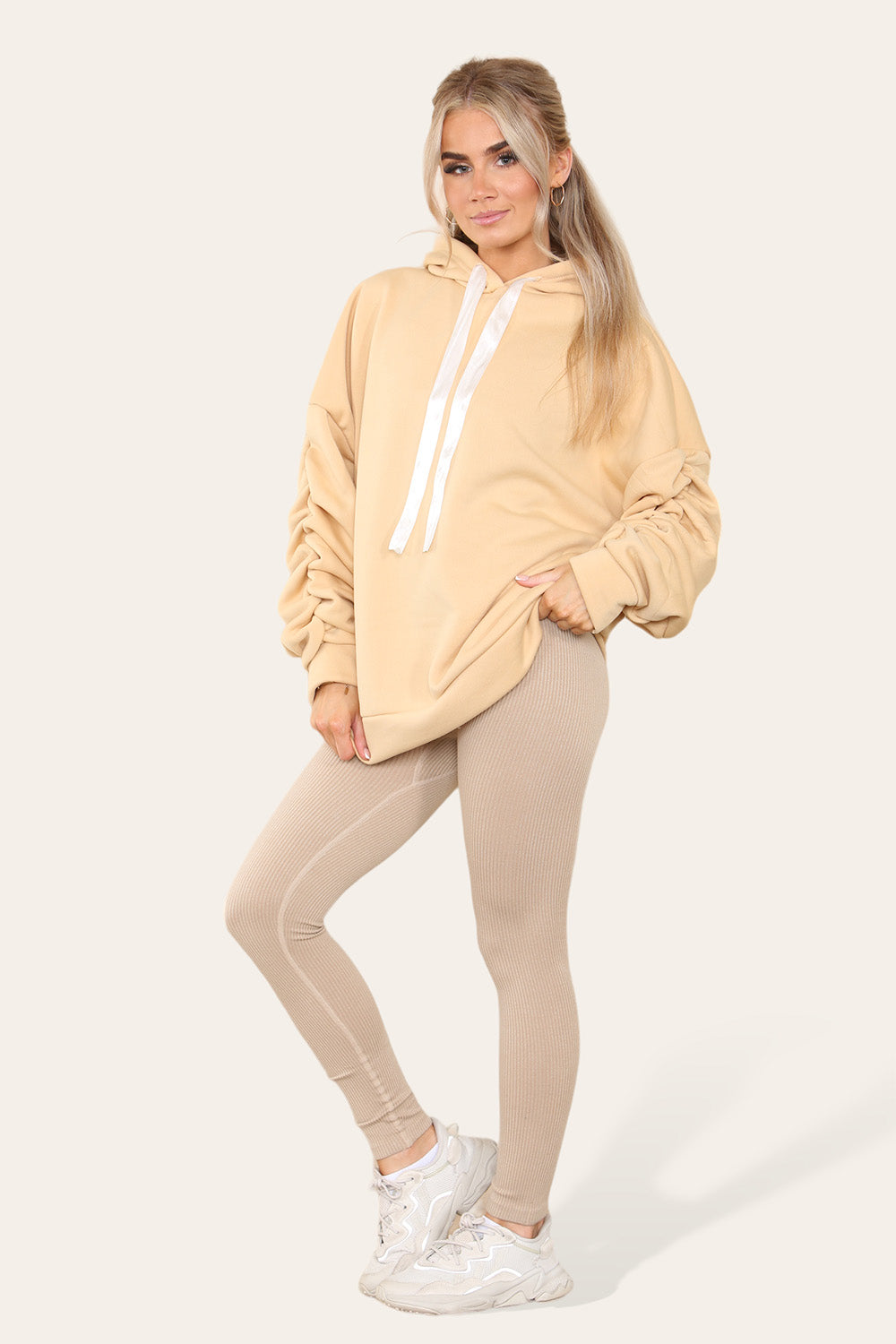 Hoodie With Satin Ribbon with High Waist High Rise Seamless Ribbed Legging Set