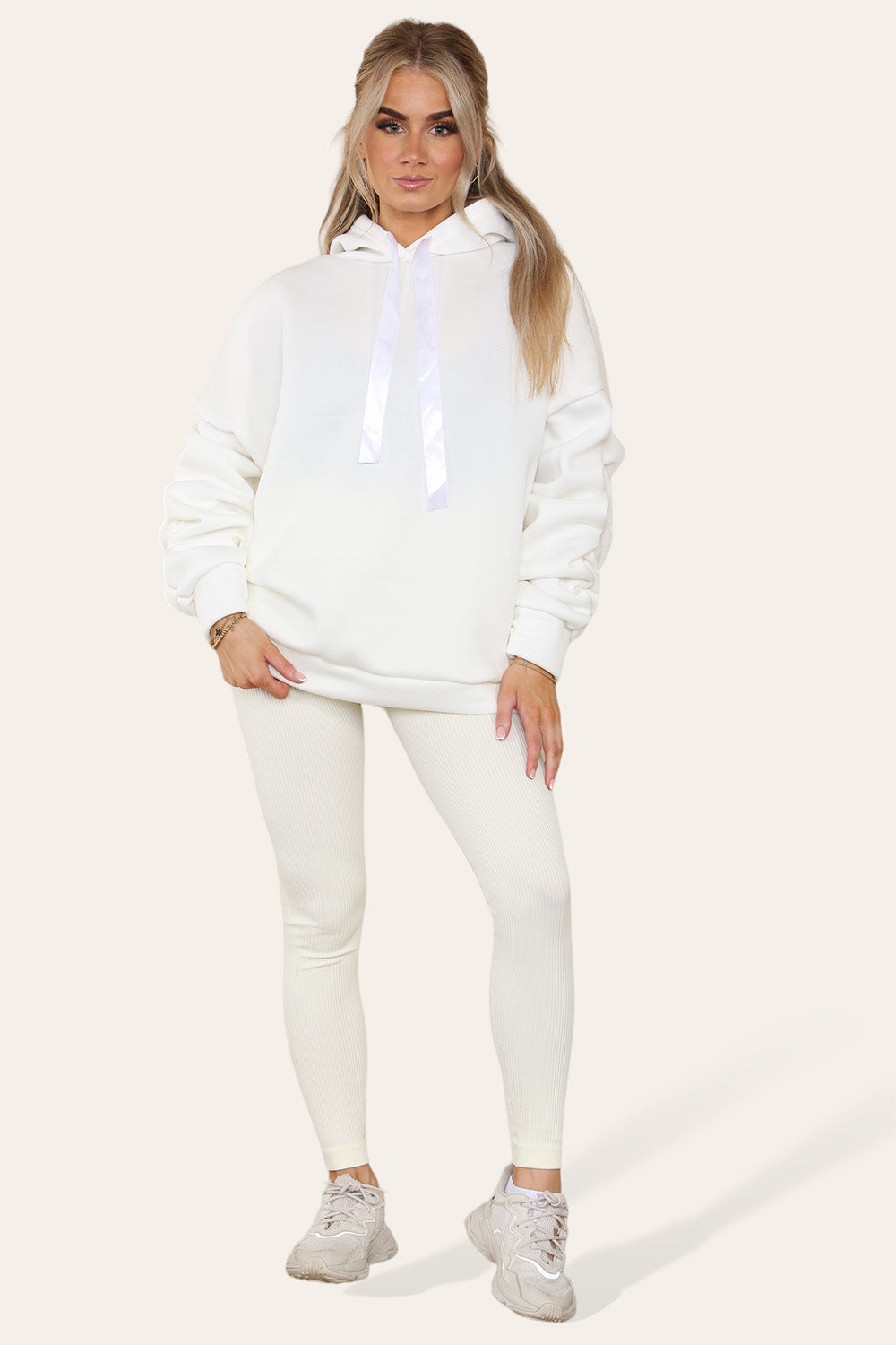 Hoodie With Satin Ribbon with High Waist High Rise Seamless Ribbed Legging Set
