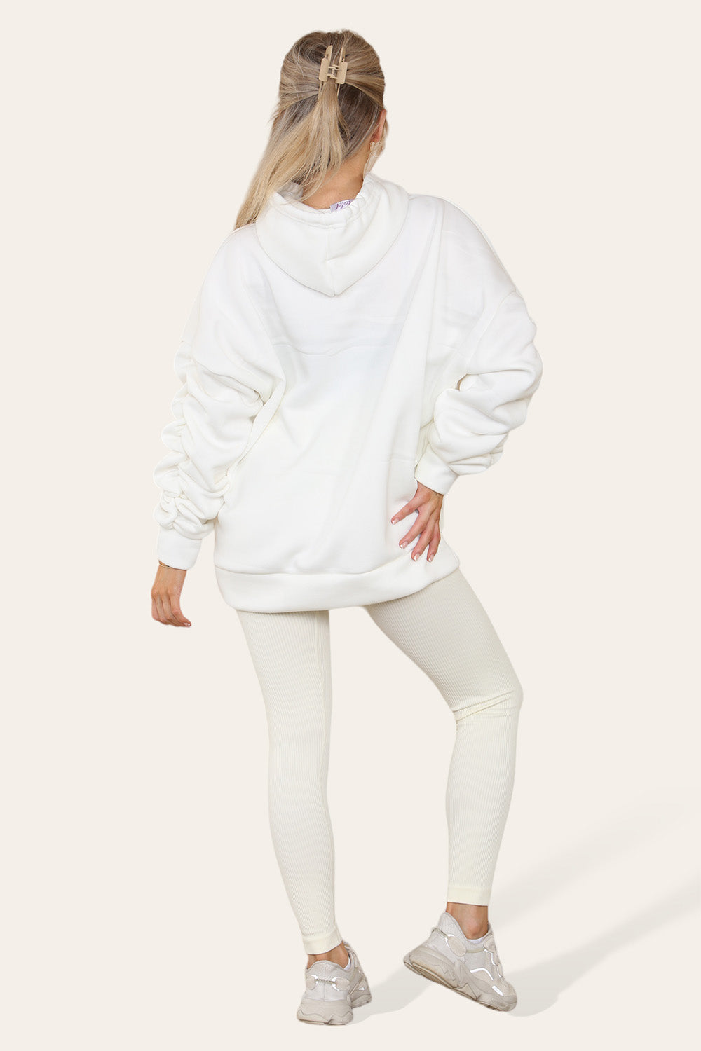 Hoodie With Satin Ribbon with High Waist High Rise Seamless Ribbed Legging Set