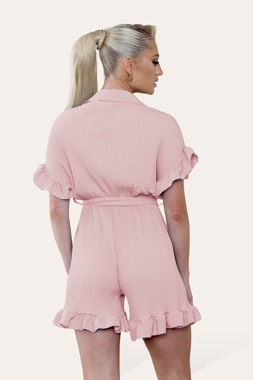 Pleated Ruffle Shirt Short Playsuit With Frill Hems - 9th Degree