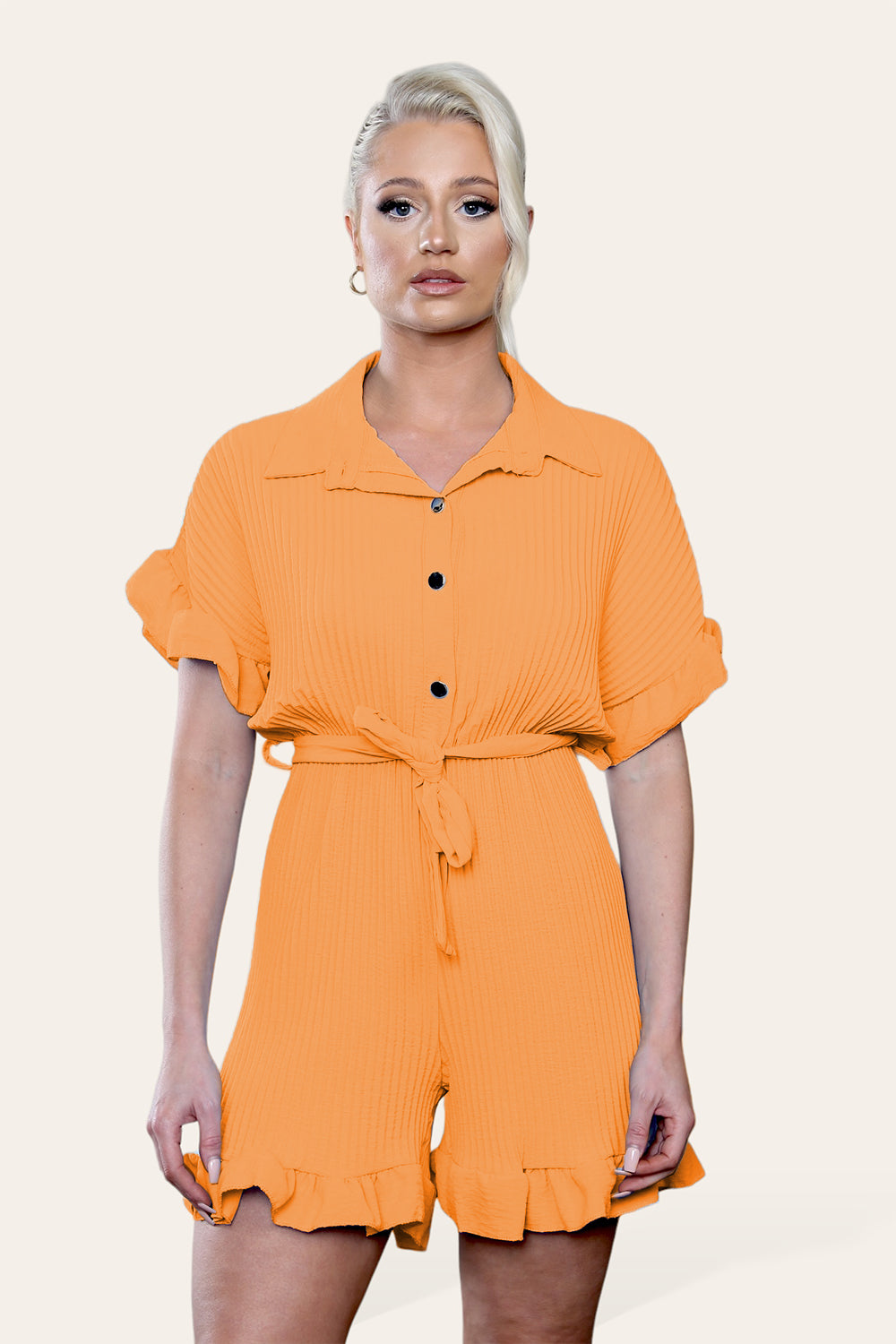 Pleated Ruffle Shirt Short Playsuit With Frill Hems - 9th Degree
