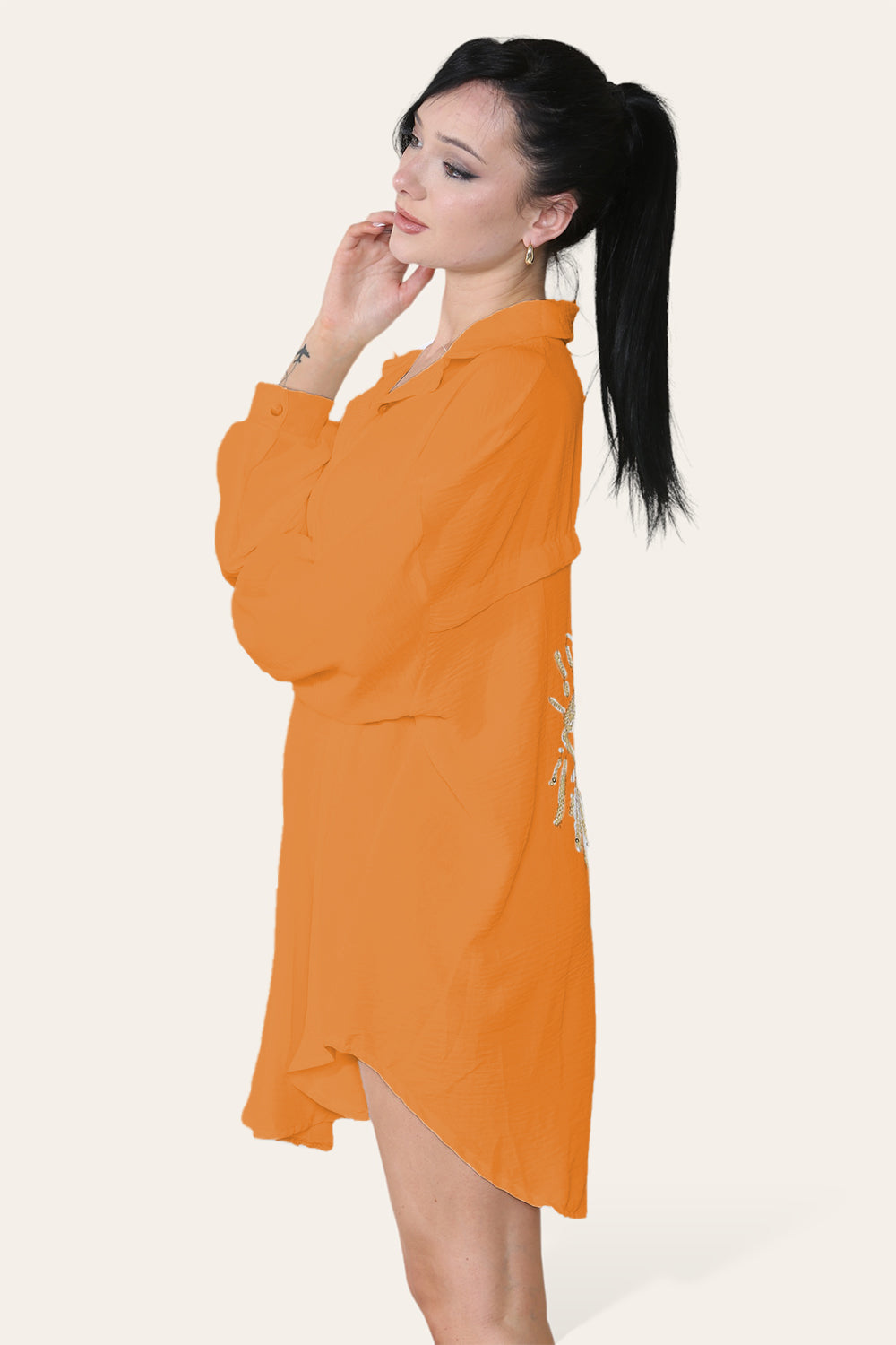 Oversized Long Sleeve Gold Sequin Eye Button Up Shirt - 9th Degree