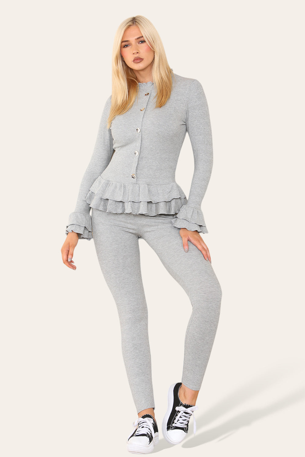 Long Sleeves Peplum Front Buttons Frilled Hem Lounge Wear Set - 9th Degree