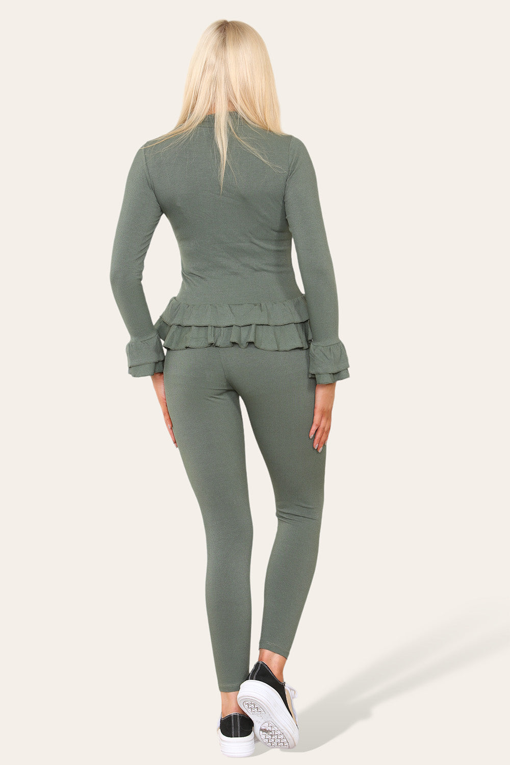 Long Sleeves Peplum Front Buttons Frilled Hem Lounge Wear Set - 9th Degree