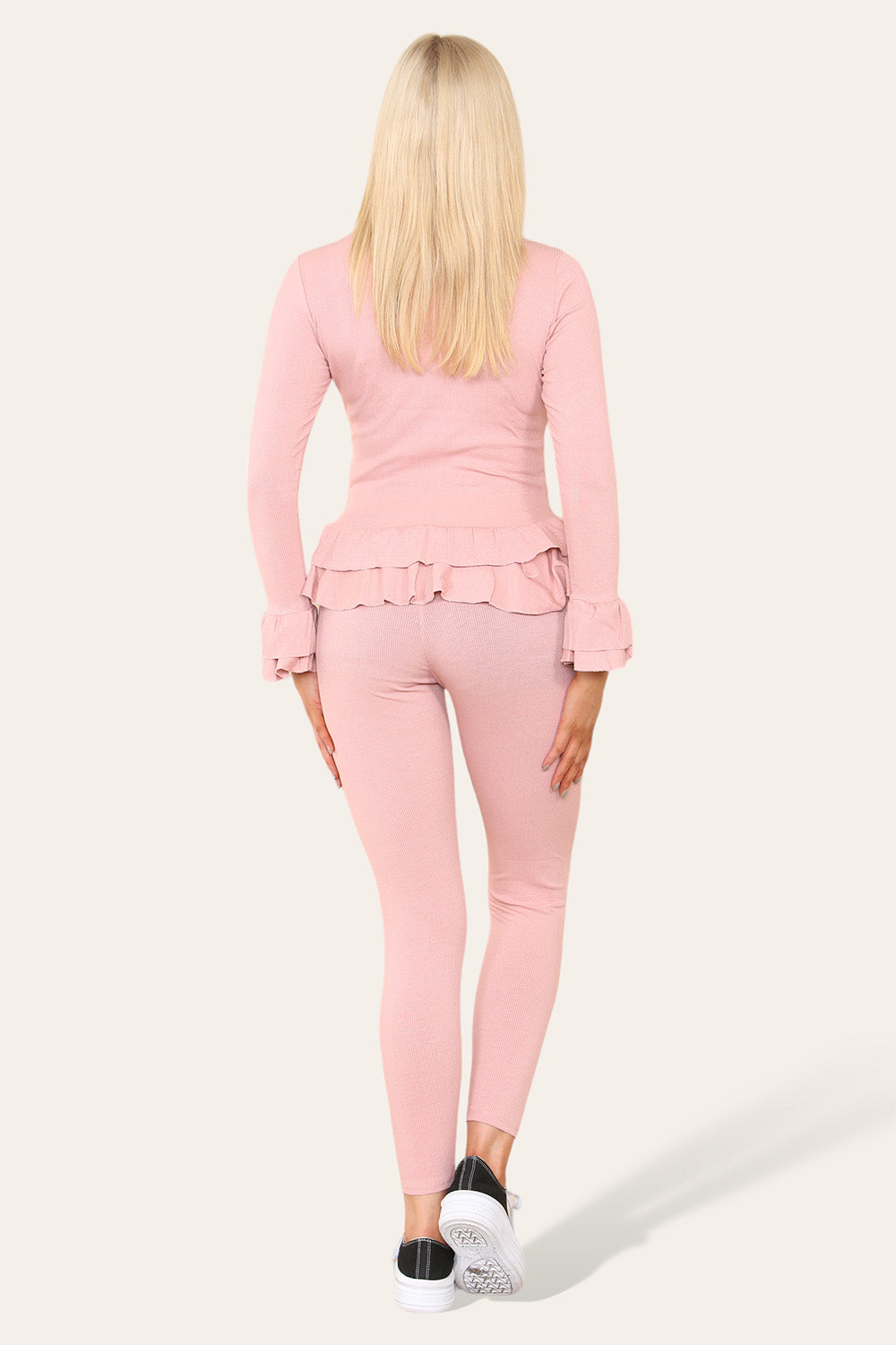 Long Sleeves Peplum Front Buttons Frilled Hem Lounge Wear Set - 9th Degree