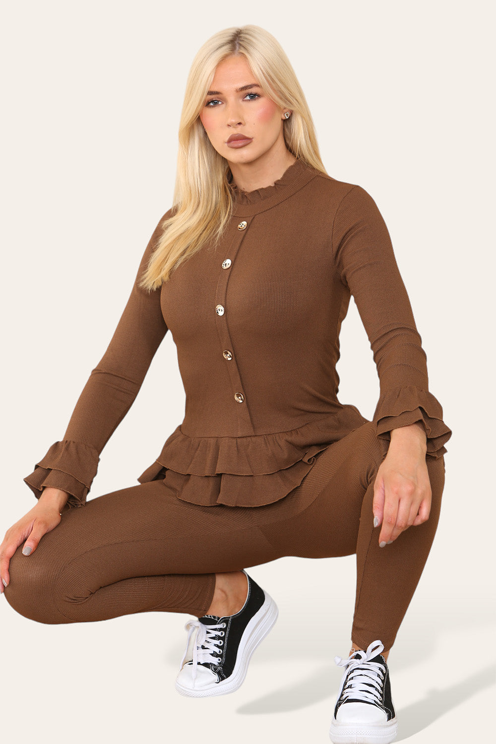 Long Sleeves Peplum Front Buttons Frilled Hem Lounge Wear Set - 9th Degree