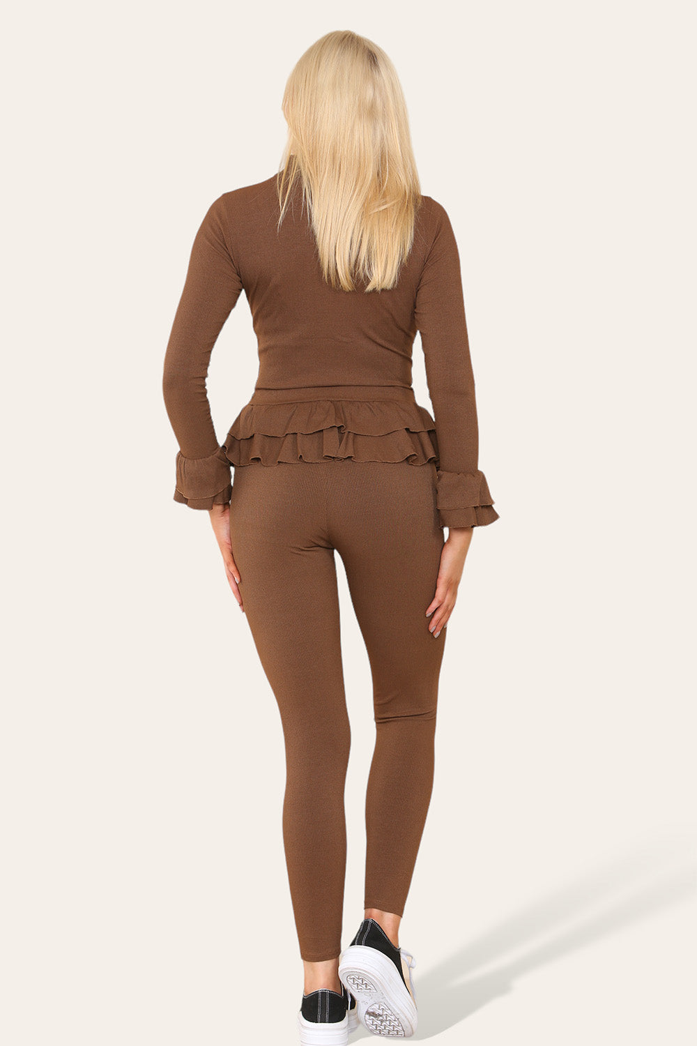 Long Sleeves Peplum Front Buttons Frilled Hem Lounge Wear Set - 9th Degree