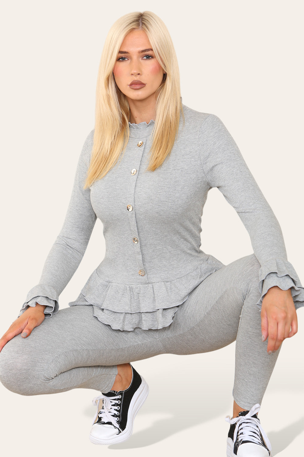 Long Sleeves Peplum Front Buttons Frilled Hem Lounge Wear Set - 9th Degree
