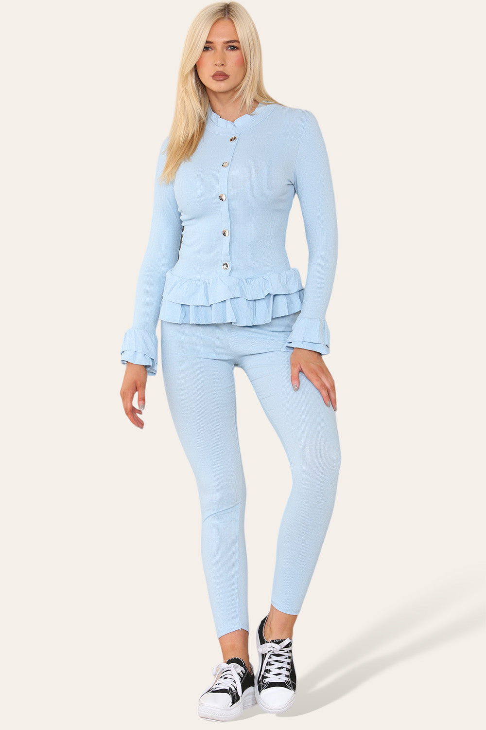 Long Sleeves Peplum Front Buttons Frilled Hem Lounge Wear Set - 9th Degree