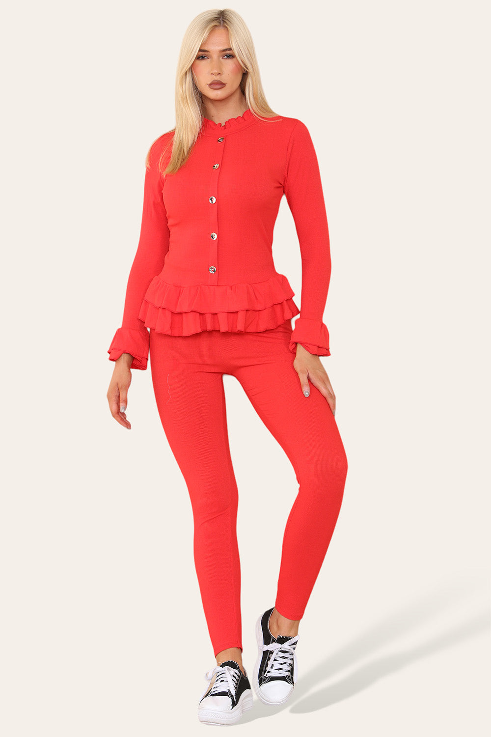 Long Sleeves Peplum Front Buttons Frilled Hem Lounge Wear Set - 9th Degree