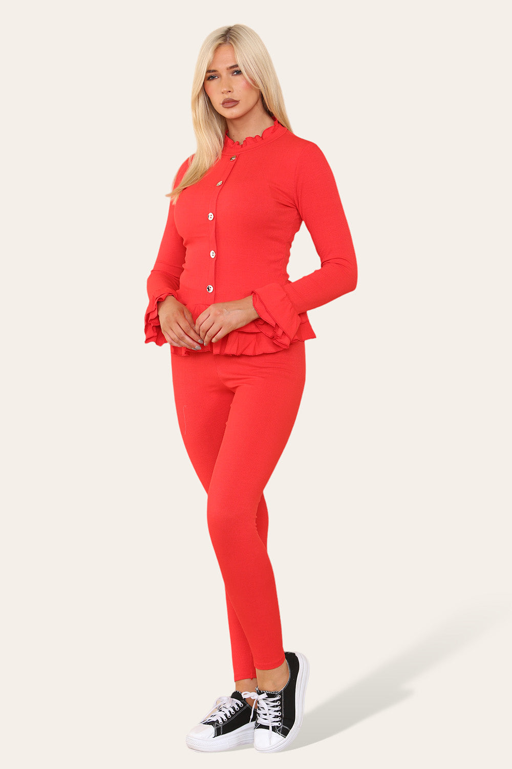 Long Sleeves Peplum Front Buttons Frilled Hem Lounge Wear Set - 9th Degree