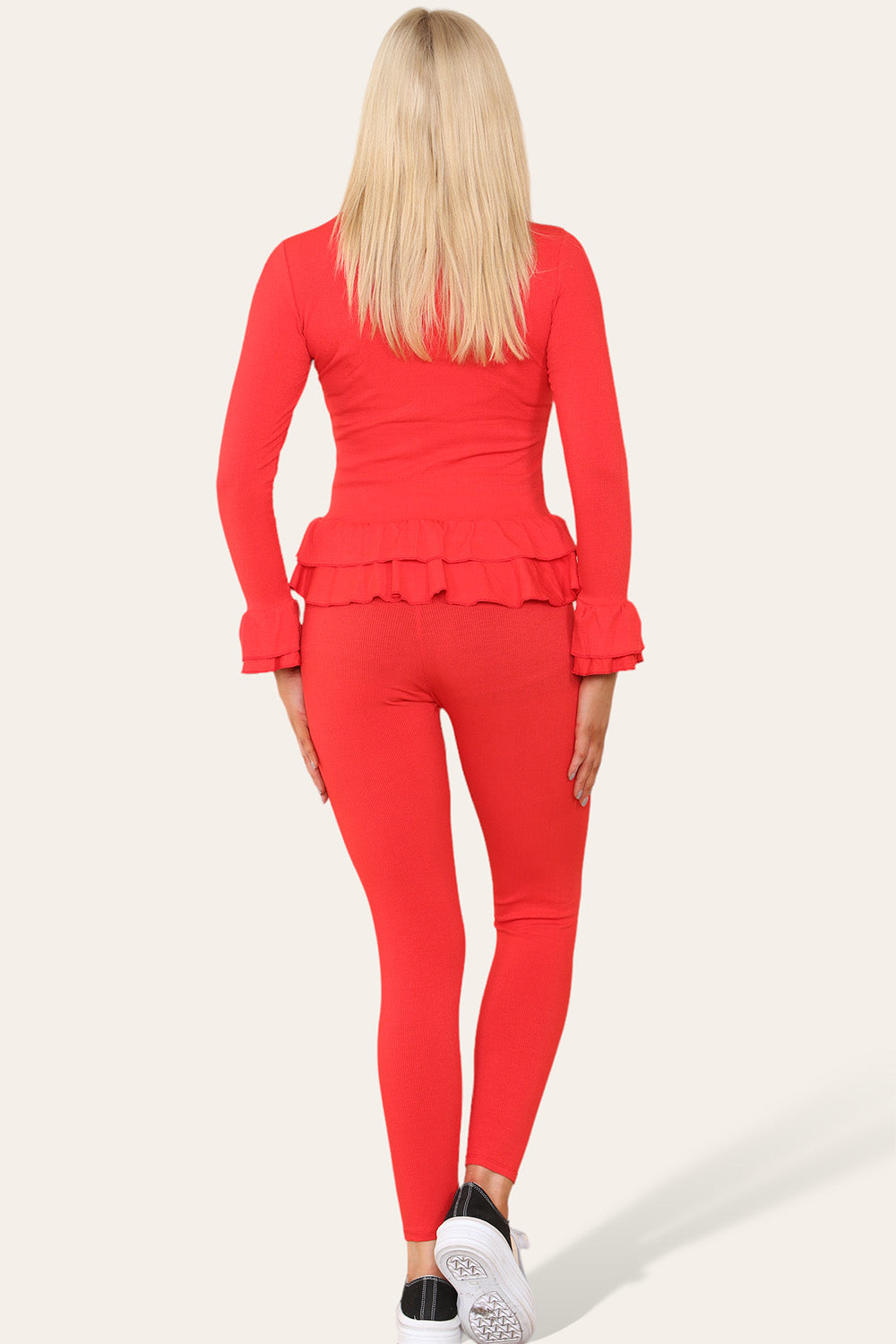 Long Sleeves Peplum Front Buttons Frilled Hem Lounge Wear Set - 9th Degree