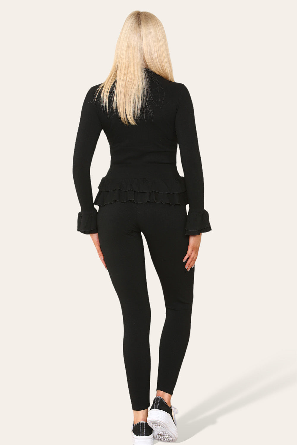 Long Sleeves Peplum Front Buttons Frilled Hem Lounge Wear Set - 9th Degree
