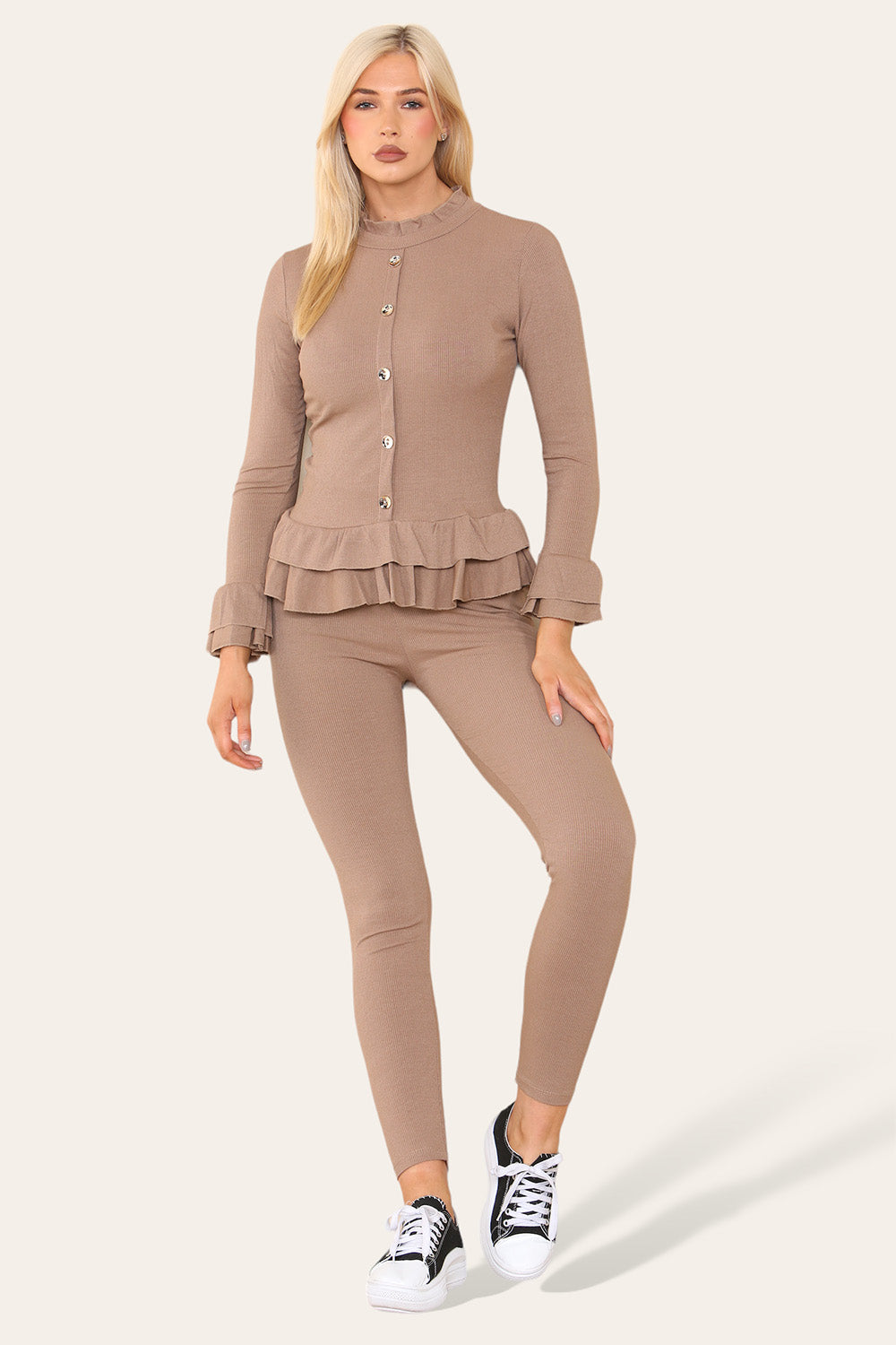 Long Sleeves Peplum Front Buttons Frilled Hem Lounge Wear Set - 9th Degree