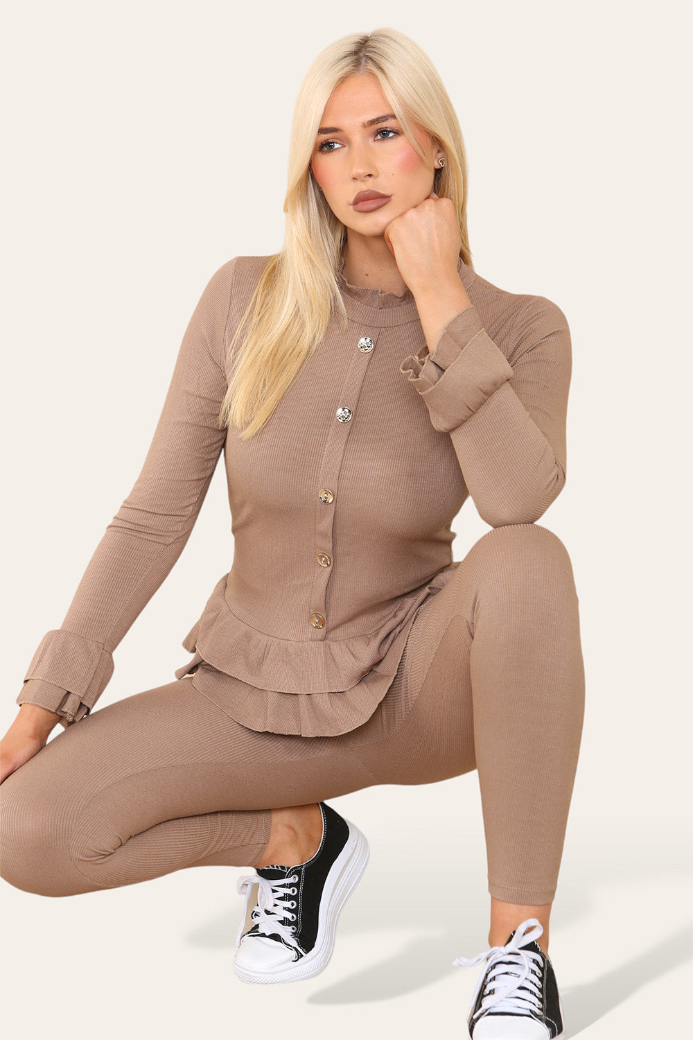 Long Sleeves Peplum Front Buttons Frilled Hem Lounge Wear Set - 9th Degree