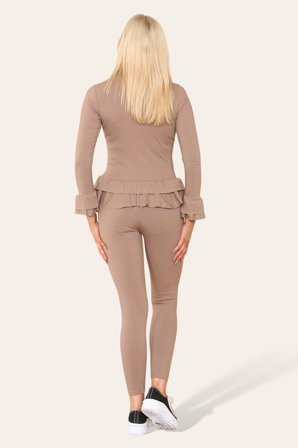 Long Sleeves Peplum Front Buttons Frilled Hem Lounge Wear Set - 9th Degree