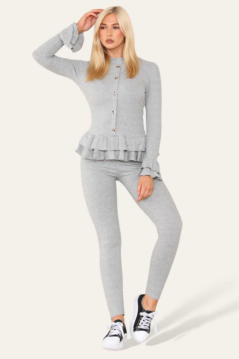 Long Sleeves Peplum Front Buttons Frilled Hem Lounge Wear Set - 9th Degree