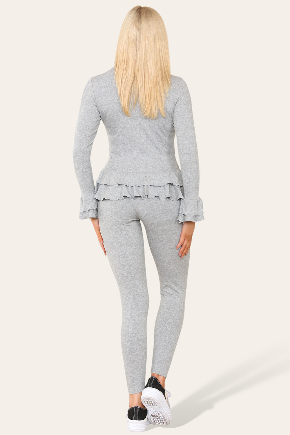 Long Sleeves Peplum Front Buttons Frilled Hem Lounge Wear Set - 9th Degree