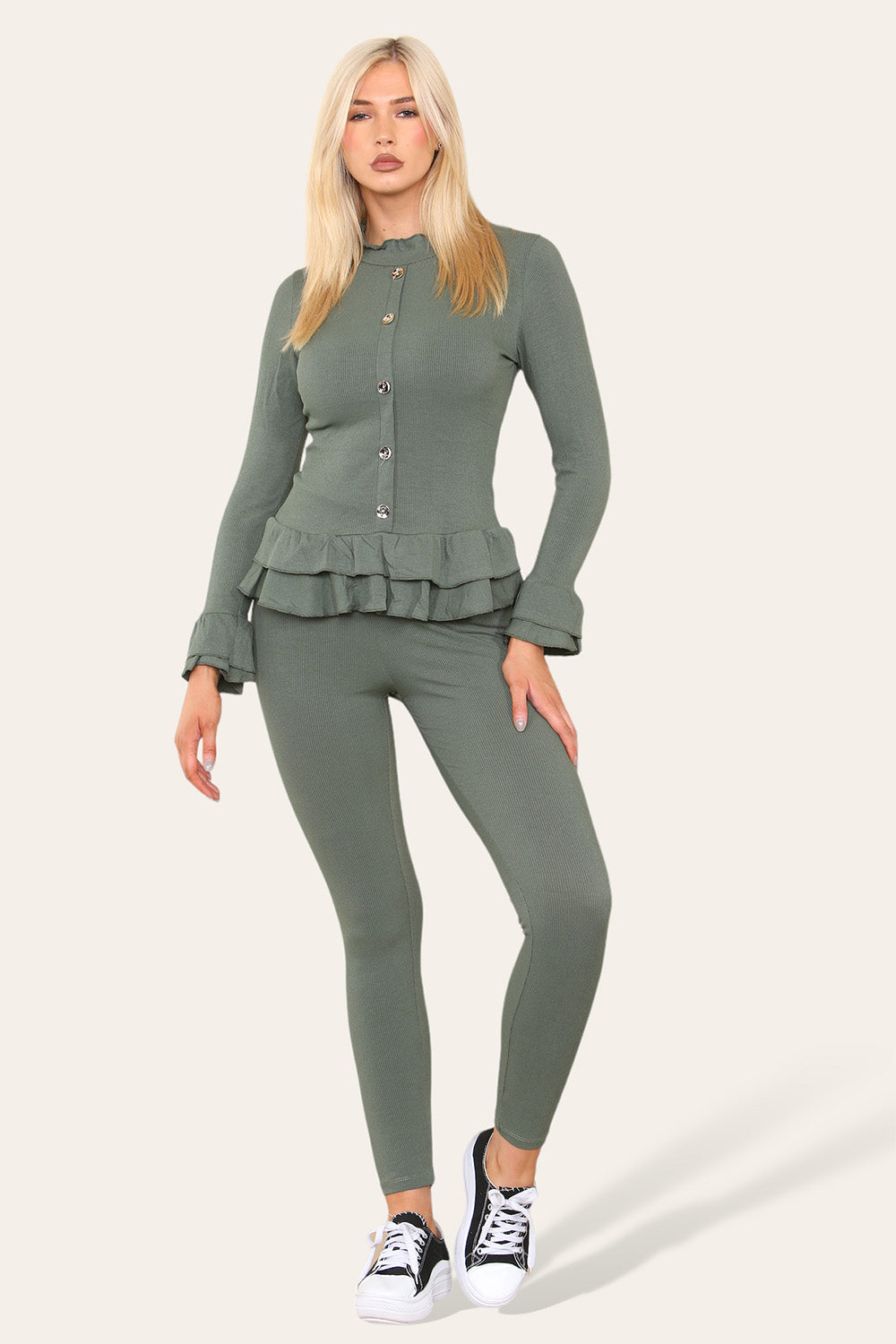 Long Sleeves Peplum Front Buttons Frilled Hem Lounge Wear Set - 9th Degree
