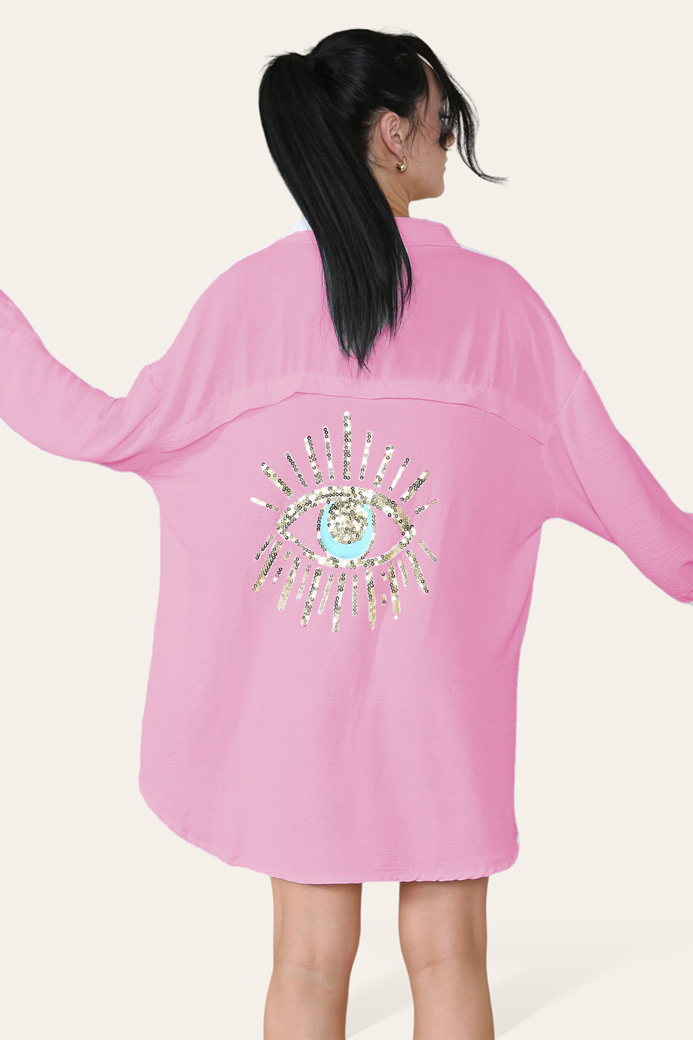 Oversized Long Sleeve Gold Sequin Eye Button Up Shirt - 9th Degree
