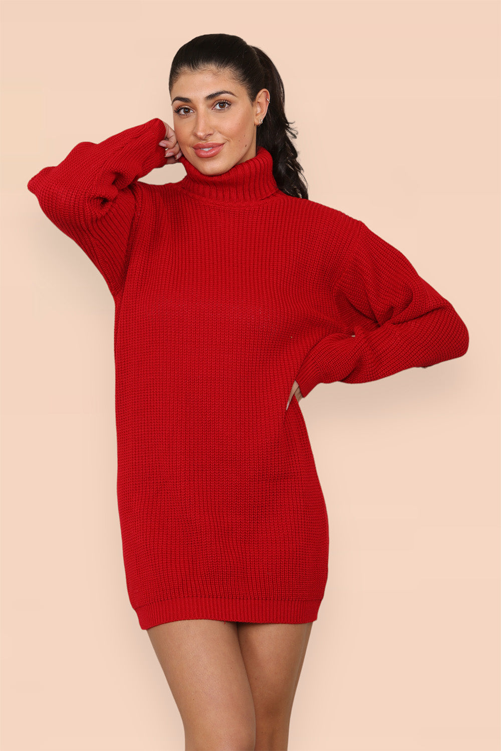 Polo Roll Neck Over Sized Ribbed Knitted Florescent Chunky Sweater Jumper Dress - 9th Degree