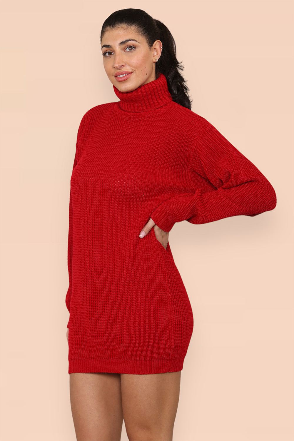 Polo Roll Neck Over Sized Ribbed Knitted Florescent Chunky Sweater Jumper Dress - 9th Degree