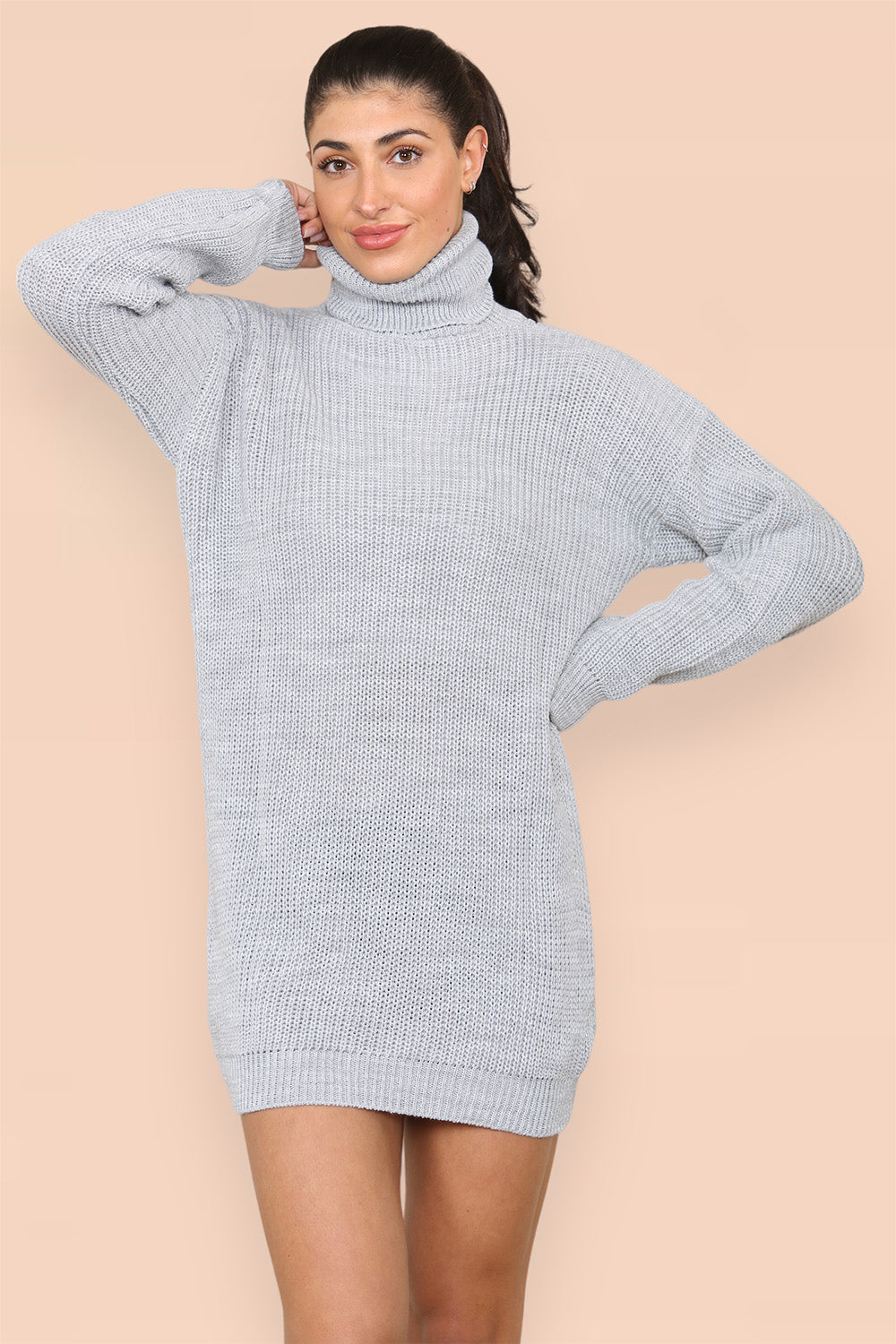 Polo Roll Neck Over Sized Ribbed Knitted Florescent Chunky Sweater Jumper Dress - 9th Degree