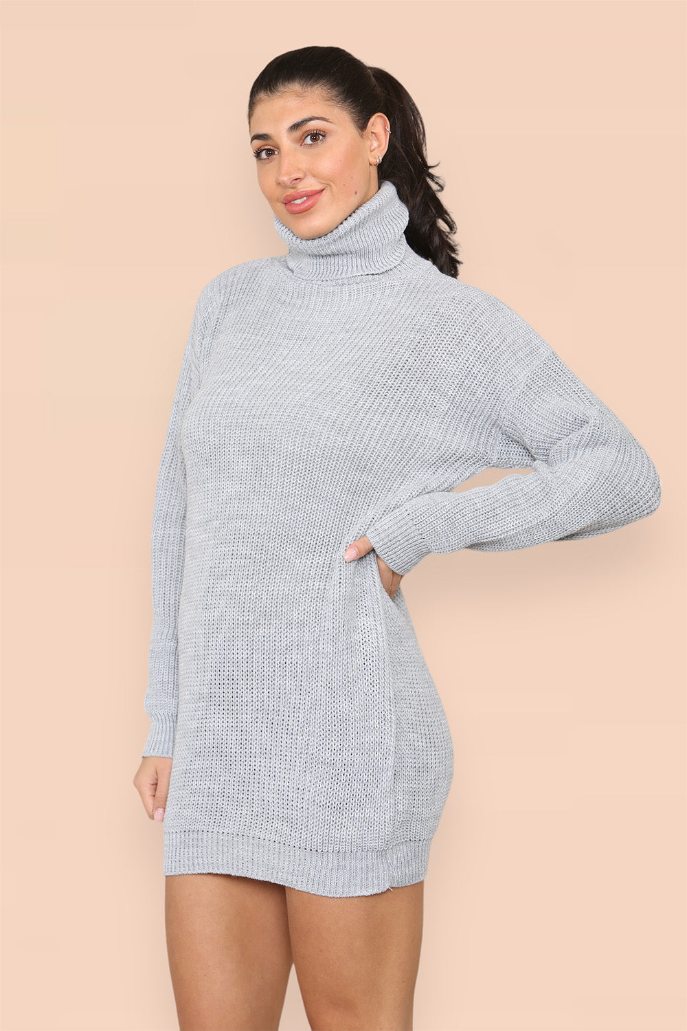 Polo Roll Neck Over Sized Ribbed Knitted Florescent Chunky Sweater Jumper Dress - 9th Degree