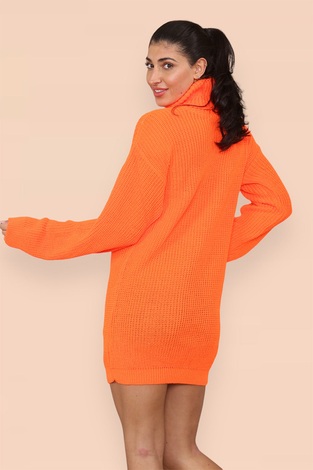Polo Roll Neck Over Sized Ribbed Knitted Florescent Chunky Sweater Jumper Dress - 9th Degree