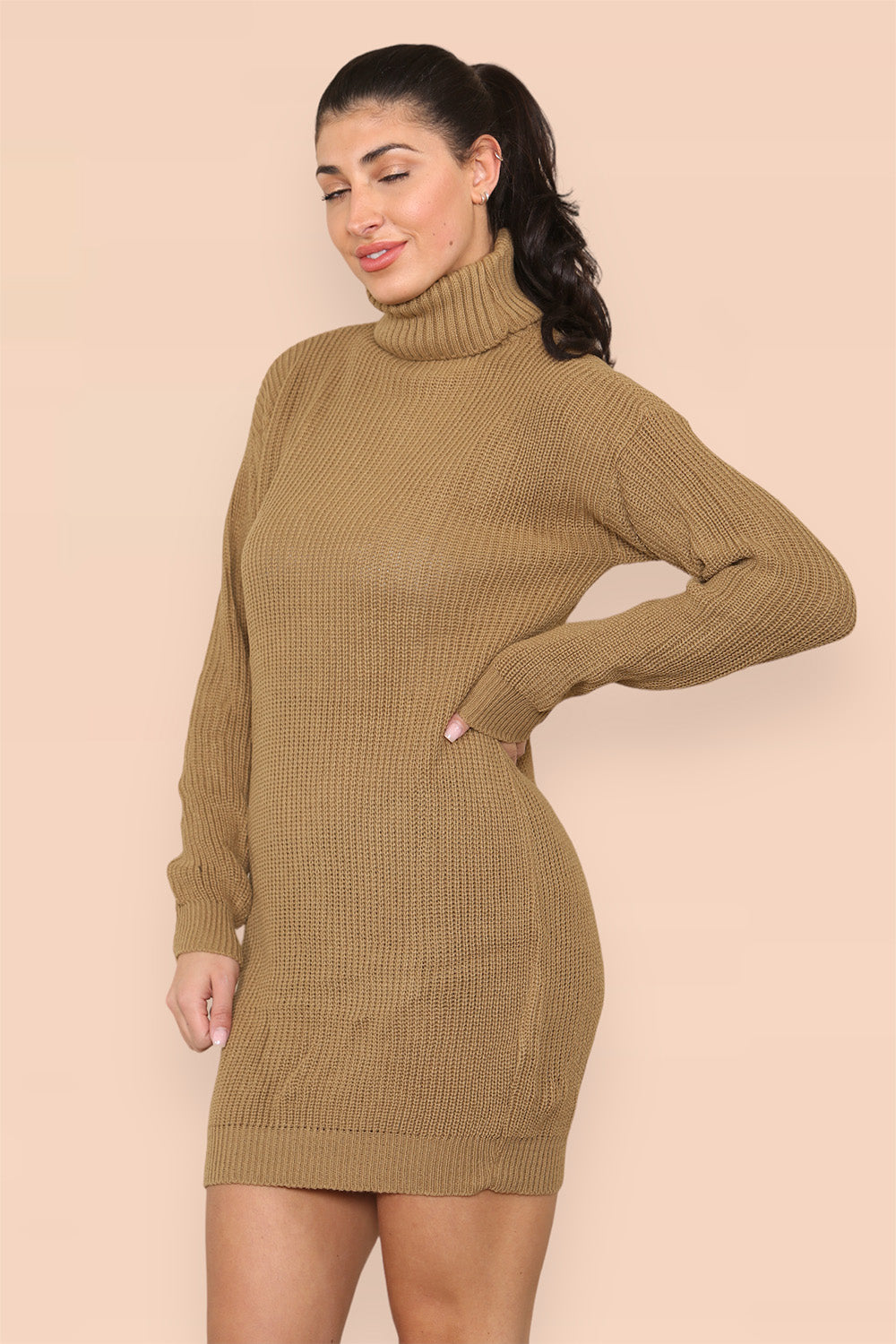 Polo Roll Neck Over Sized Ribbed Knitted Florescent Chunky Sweater Jumper Dress - 9th Degree