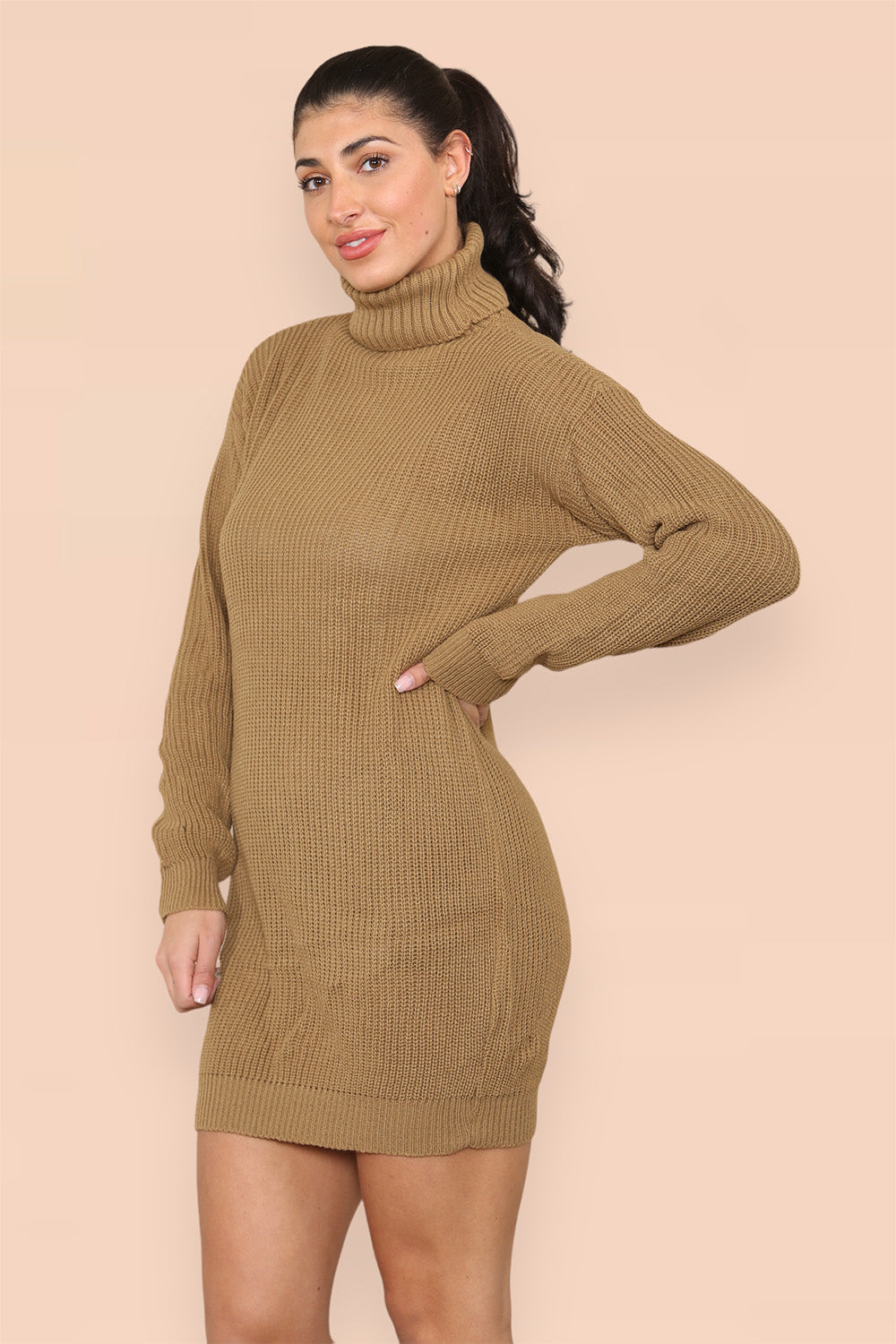 Polo Roll Neck Over Sized Ribbed Knitted Florescent Chunky Sweater Jumper Dress - 9th Degree