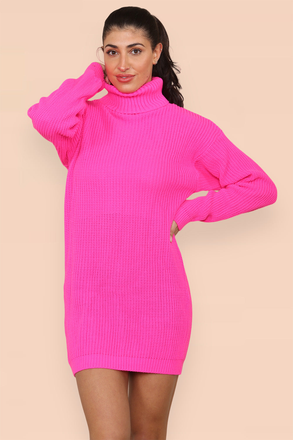 Polo Roll Neck Over Sized Ribbed Knitted Florescent Chunky Sweater Jumper Dress - 9th Degree