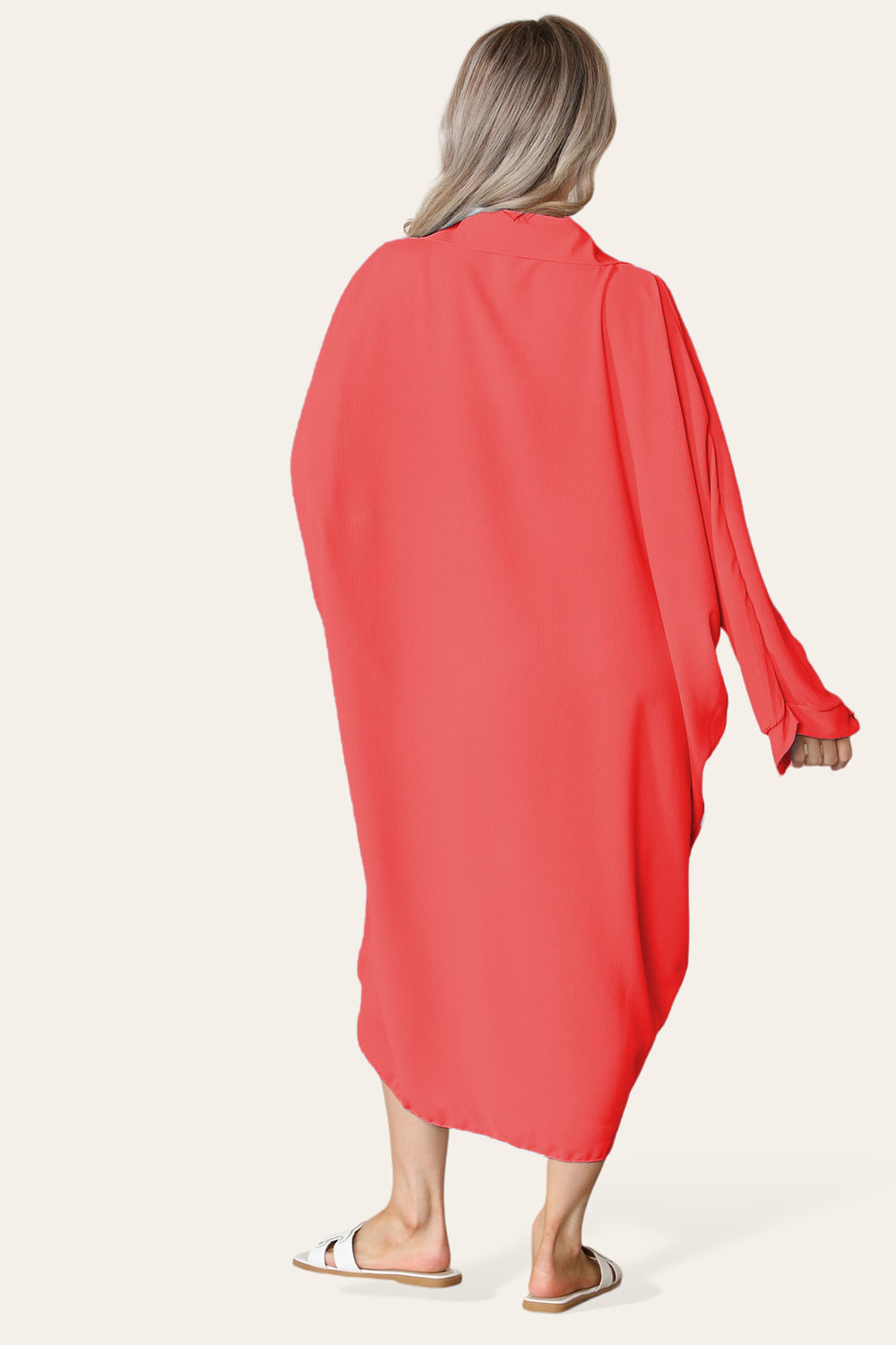 High-Low Oversized Button Long Top Shirt Dress with Hem and Long Sleeves - 9th Degree