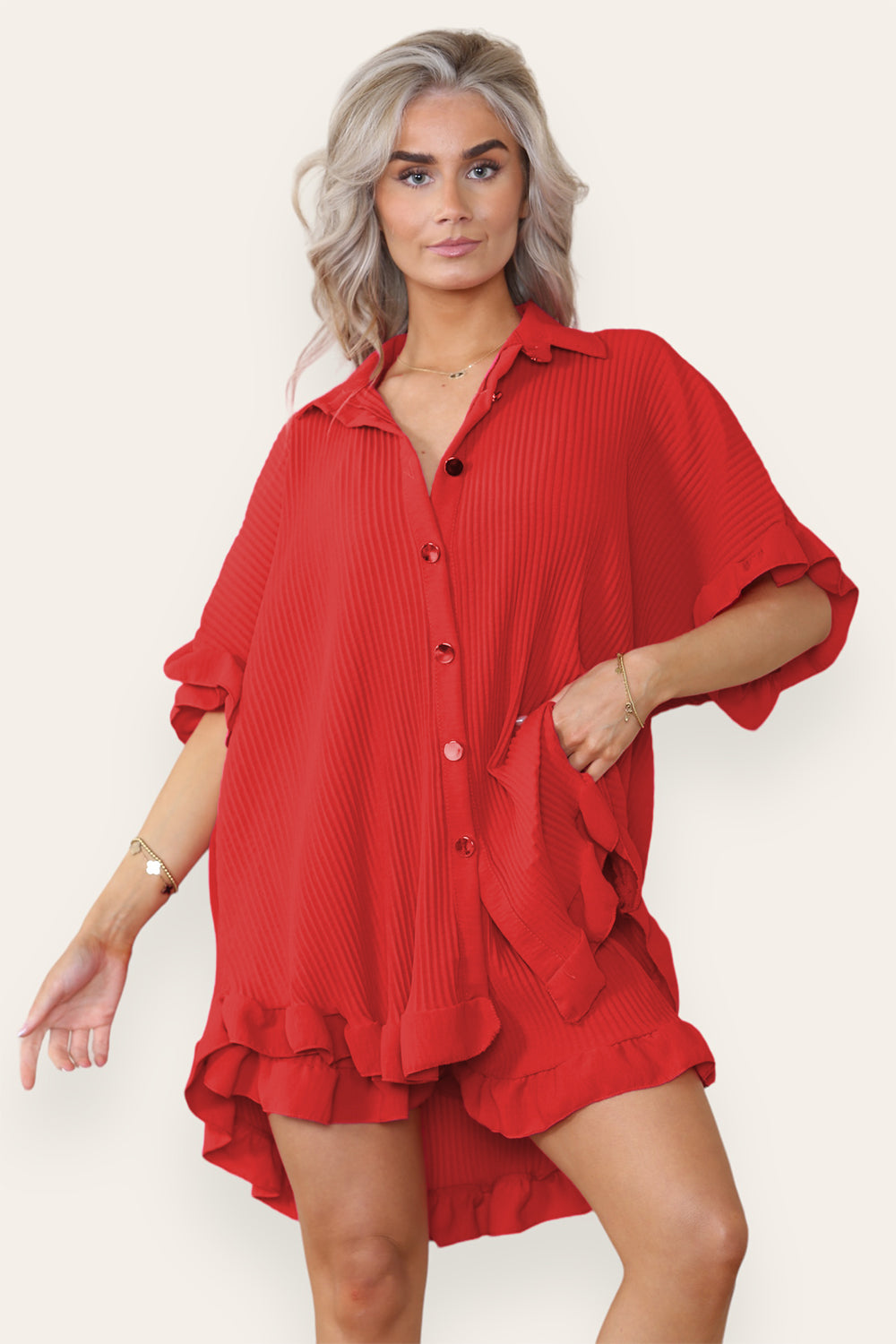 Women’s Casual Oversized Gold Button Pleated Frilled Ruffle Short Sleeves Shirt Top and Short Co-Ord Set - 9th Degree