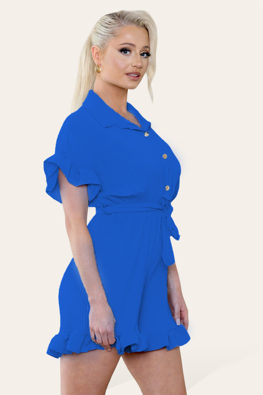 Pleated Ruffle Shirt Short Playsuit With Frill Hems - 9th Degree