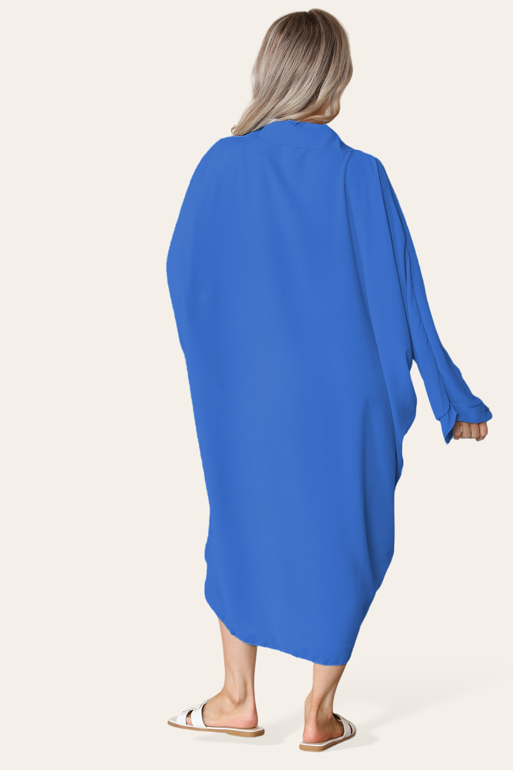 High-Low Oversized Button Long Top Shirt Dress with Hem and Long Sleeves - 9th Degree
