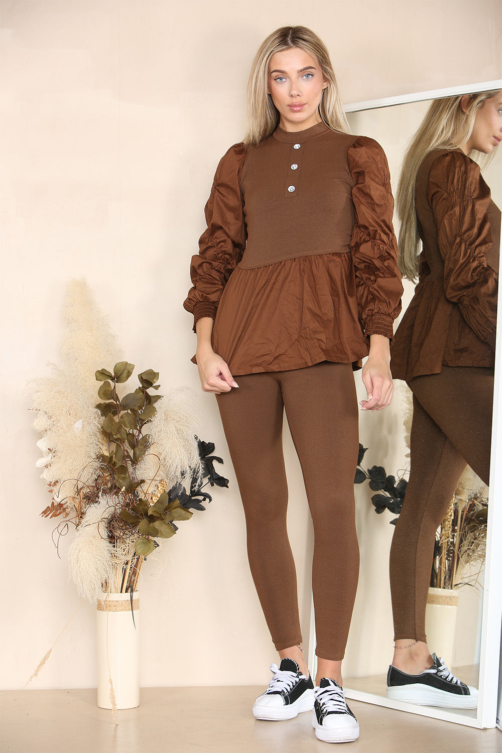 Long Ruched Sleeves Ribbed Peplum Diamond Buttons Frilled Hem Lounge Wear Co-Ord Set - 9th Degree