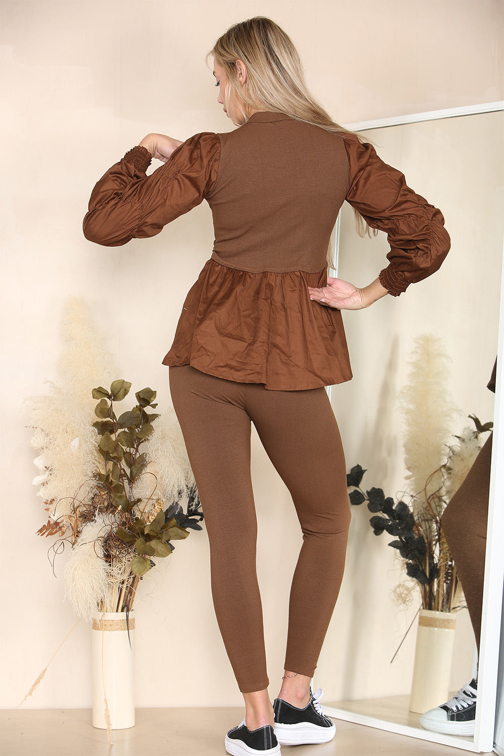 Long Ruched Sleeves Ribbed Peplum Diamond Buttons Frilled Hem Lounge Wear Co-Ord Set - 9th Degree