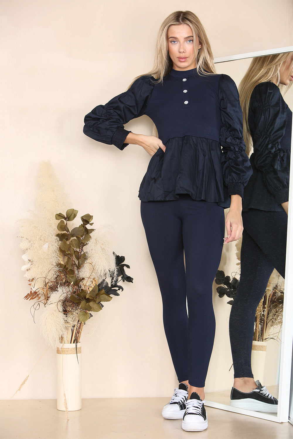 Long Ruched Sleeves Ribbed Peplum Diamond Buttons Frilled Hem Lounge Wear Co-Ord Set - 9th Degree