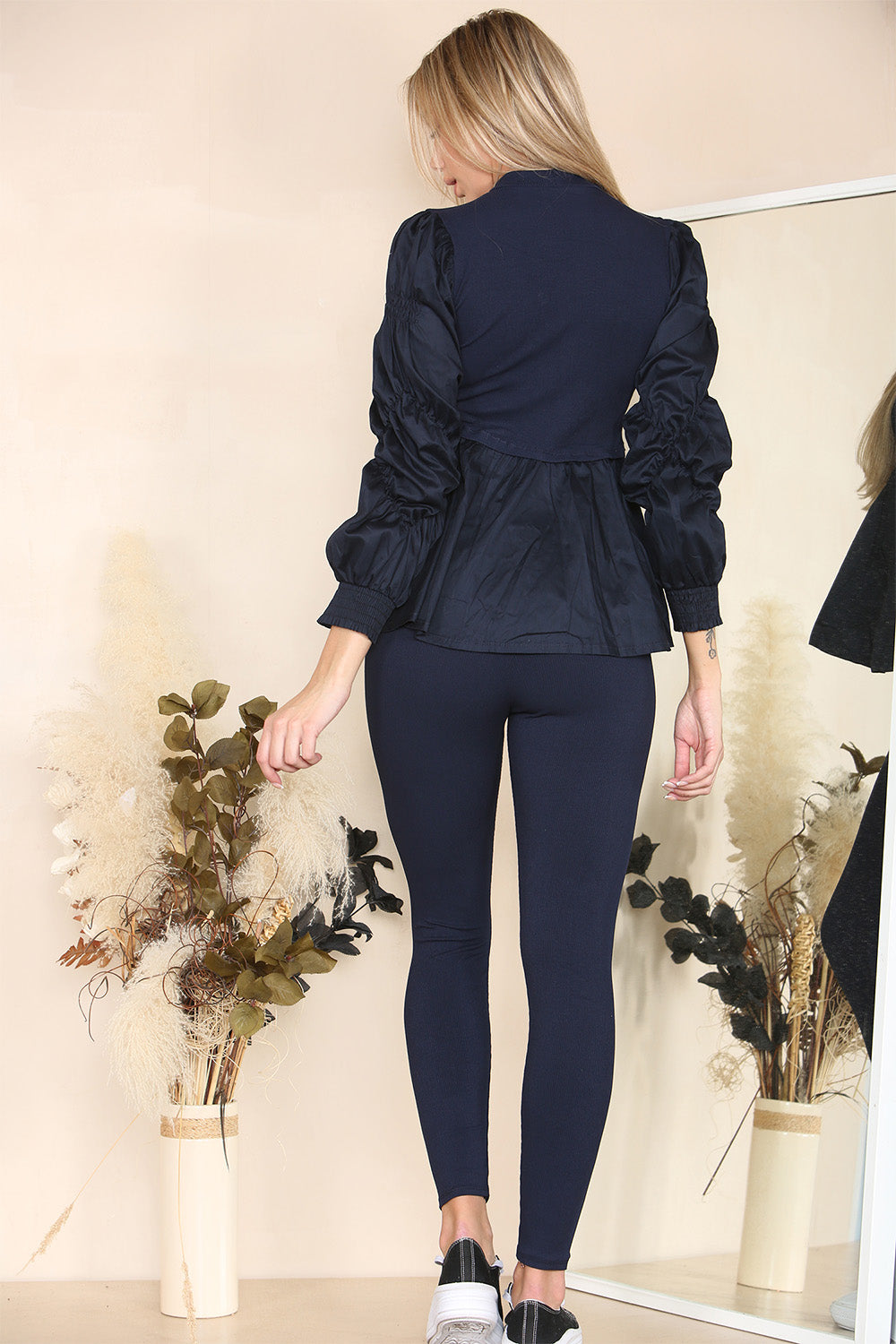 Long Ruched Sleeves Ribbed Peplum Diamond Buttons Frilled Hem Lounge Wear Co-Ord Set - 9th Degree