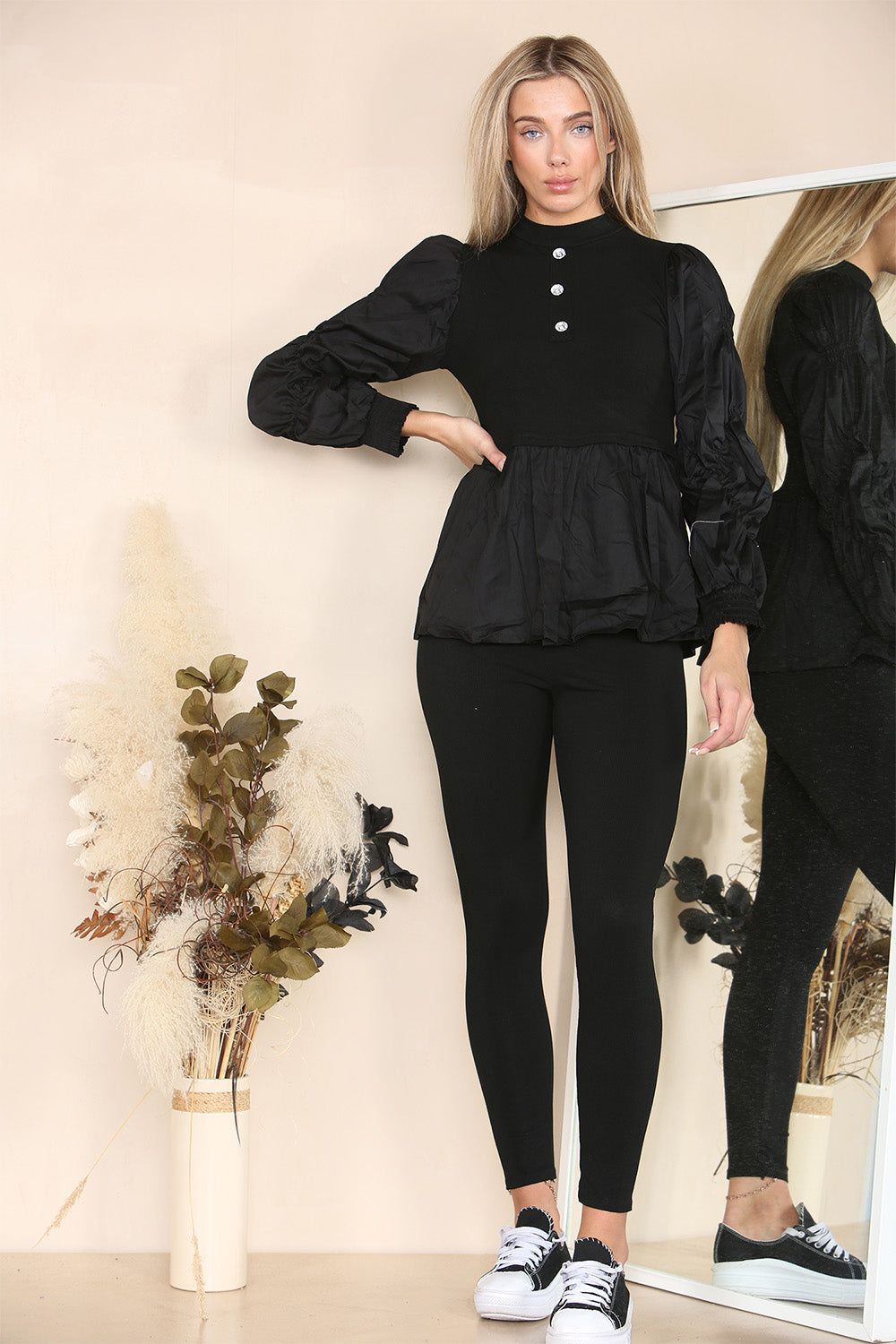 Long Ruched Sleeves Ribbed Peplum Diamond Buttons Frilled Hem Lounge Wear Co-Ord Set - 9th Degree