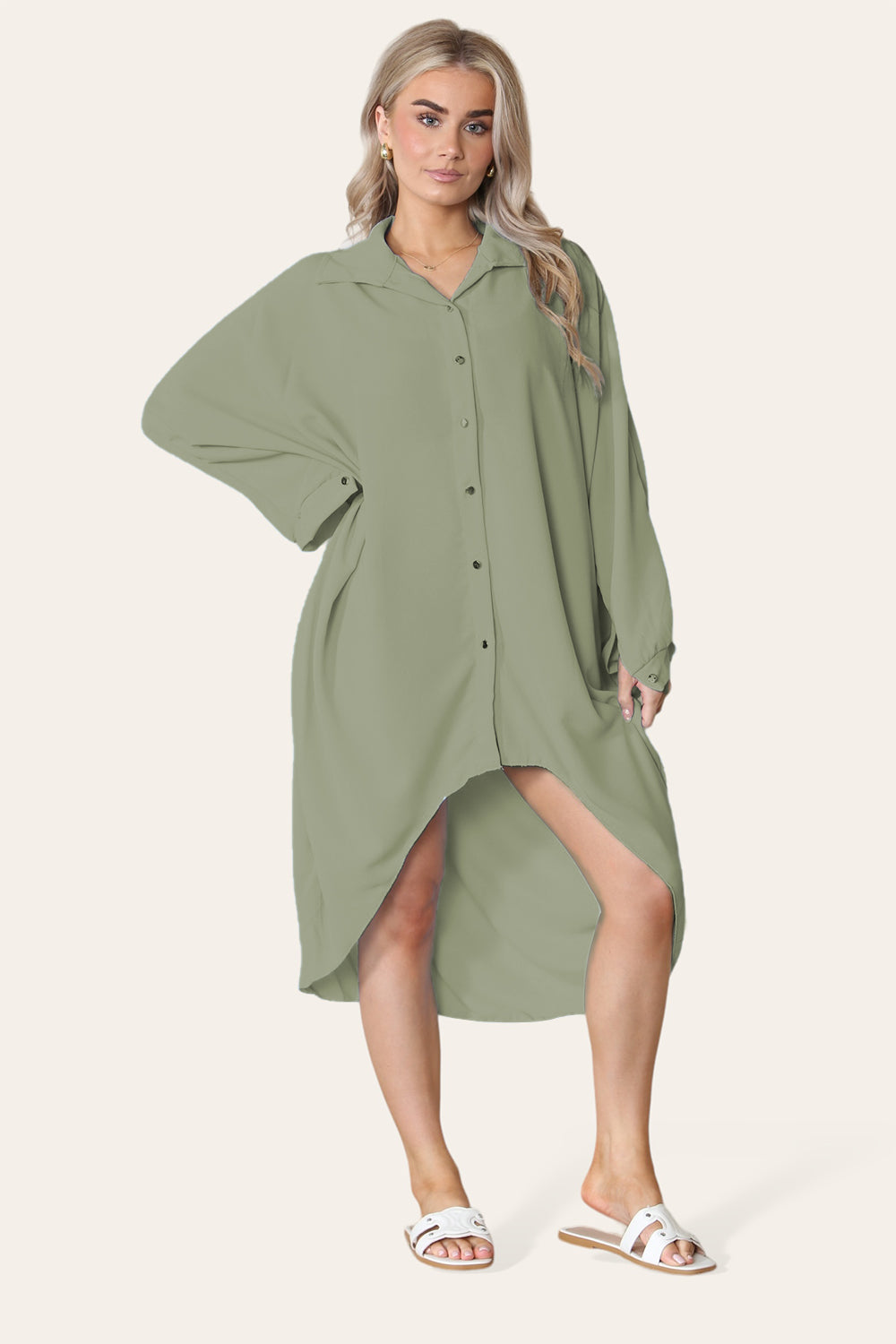 High-Low Oversized Button Long Top Shirt Dress with Hem and Long Sleeves - 9th Degree