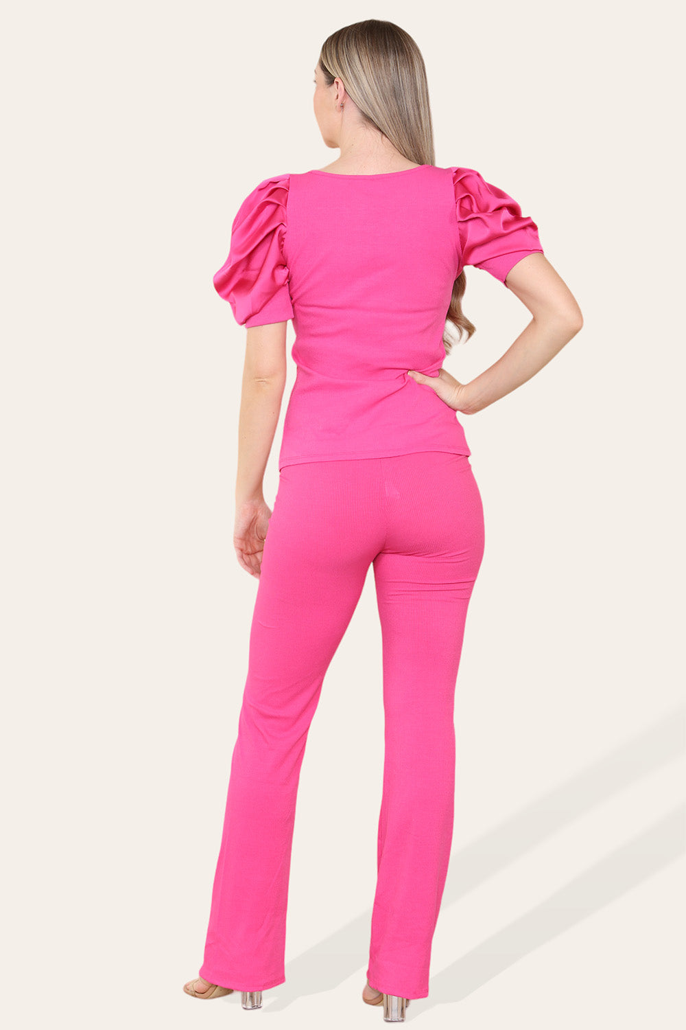 Silky Satin Puff Sleeves Ribbed Lounge Set - 9th Degree