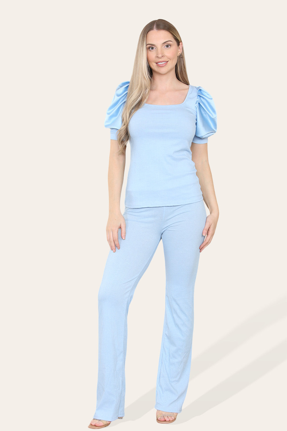 Silky Satin Puff Sleeves Ribbed Lounge Set - 9th Degree