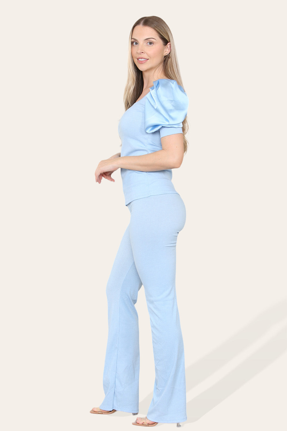 Silky Satin Puff Sleeves Ribbed Lounge Set - 9th Degree
