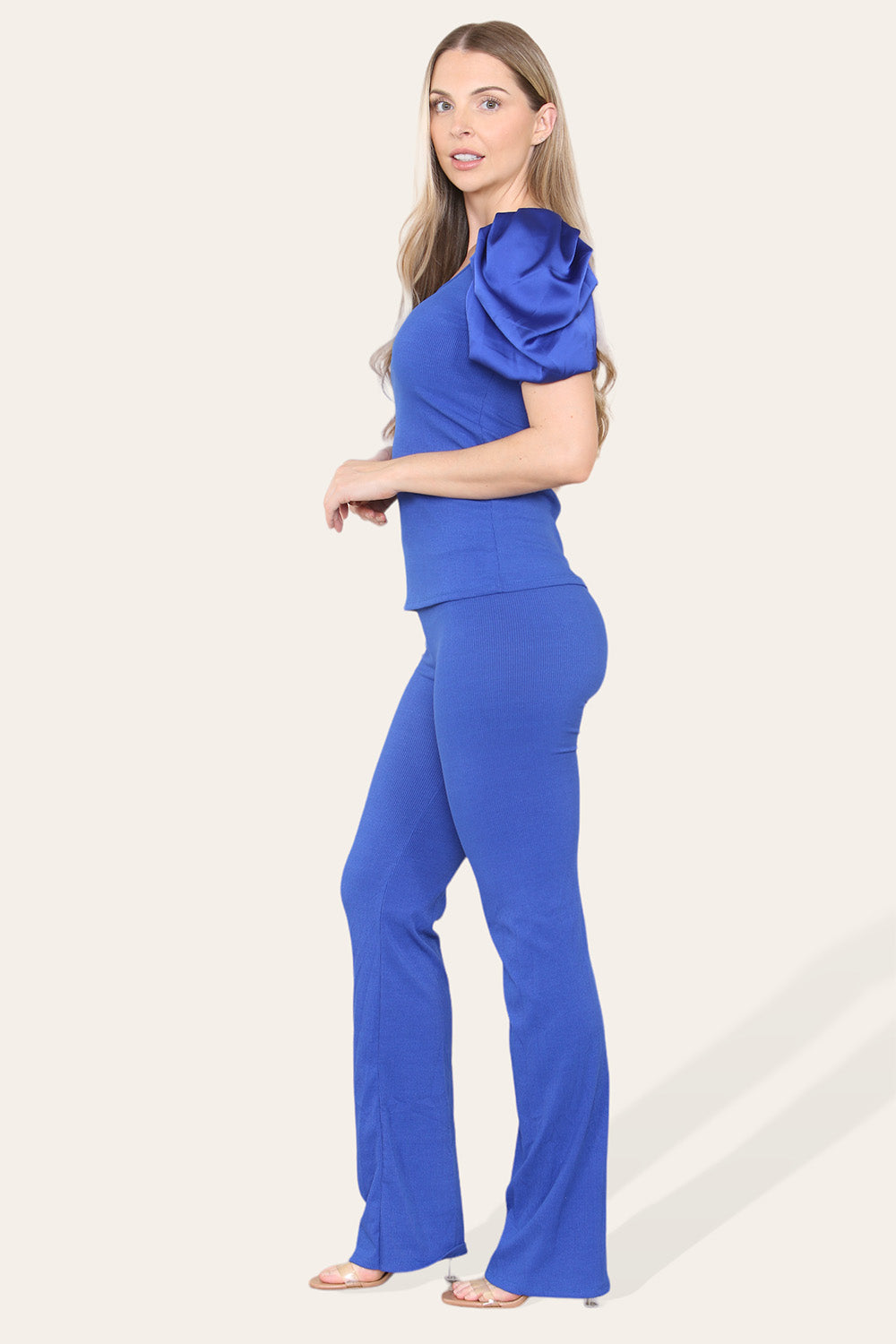 Silky Satin Puff Sleeves Ribbed Lounge Set - 9th Degree