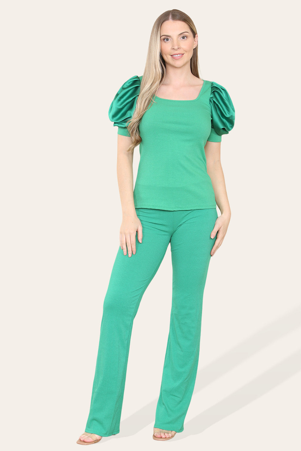 Silky Satin Puff Sleeves Ribbed Lounge Set - 9th Degree
