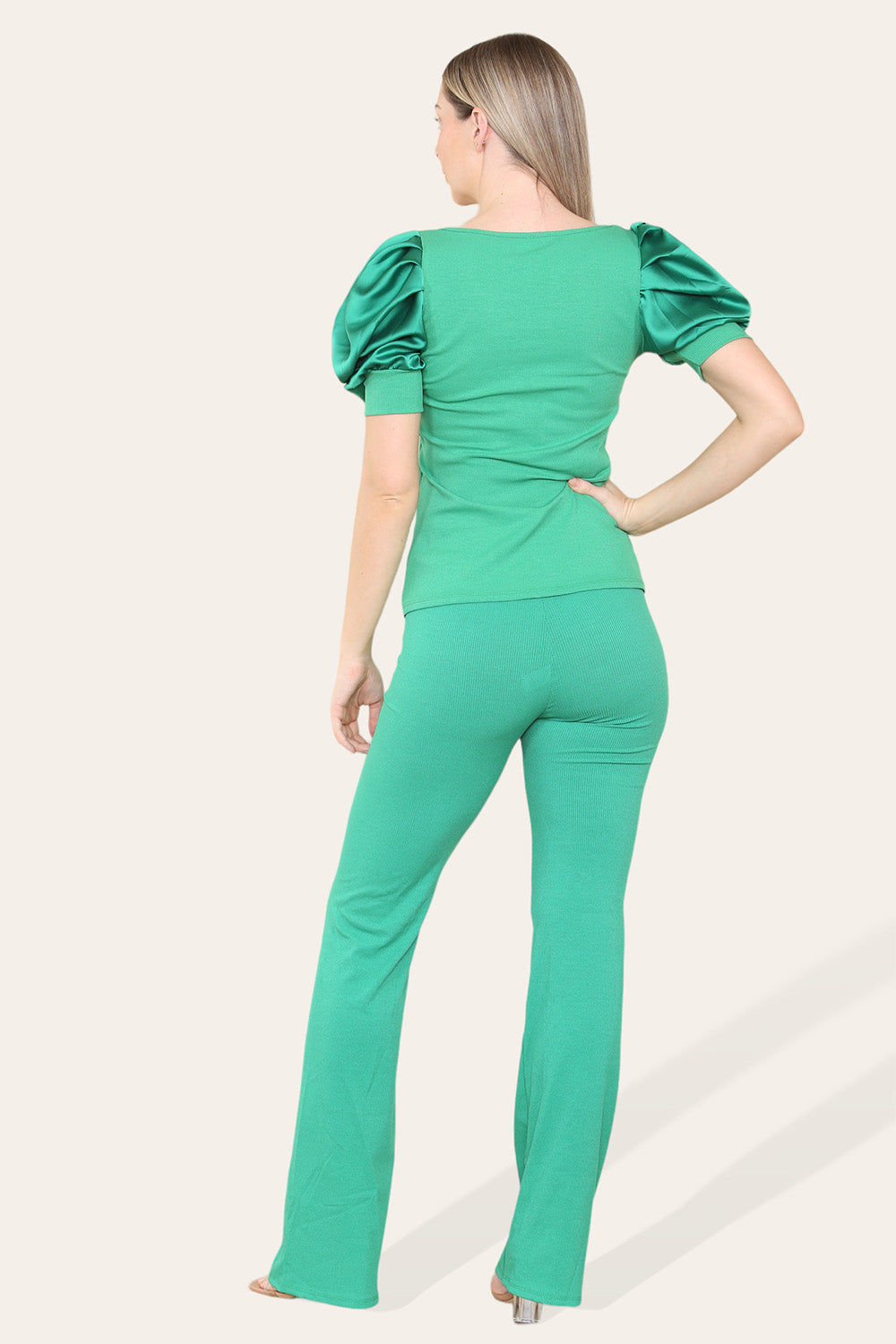 Silky Satin Puff Sleeves Ribbed Lounge Set - 9th Degree