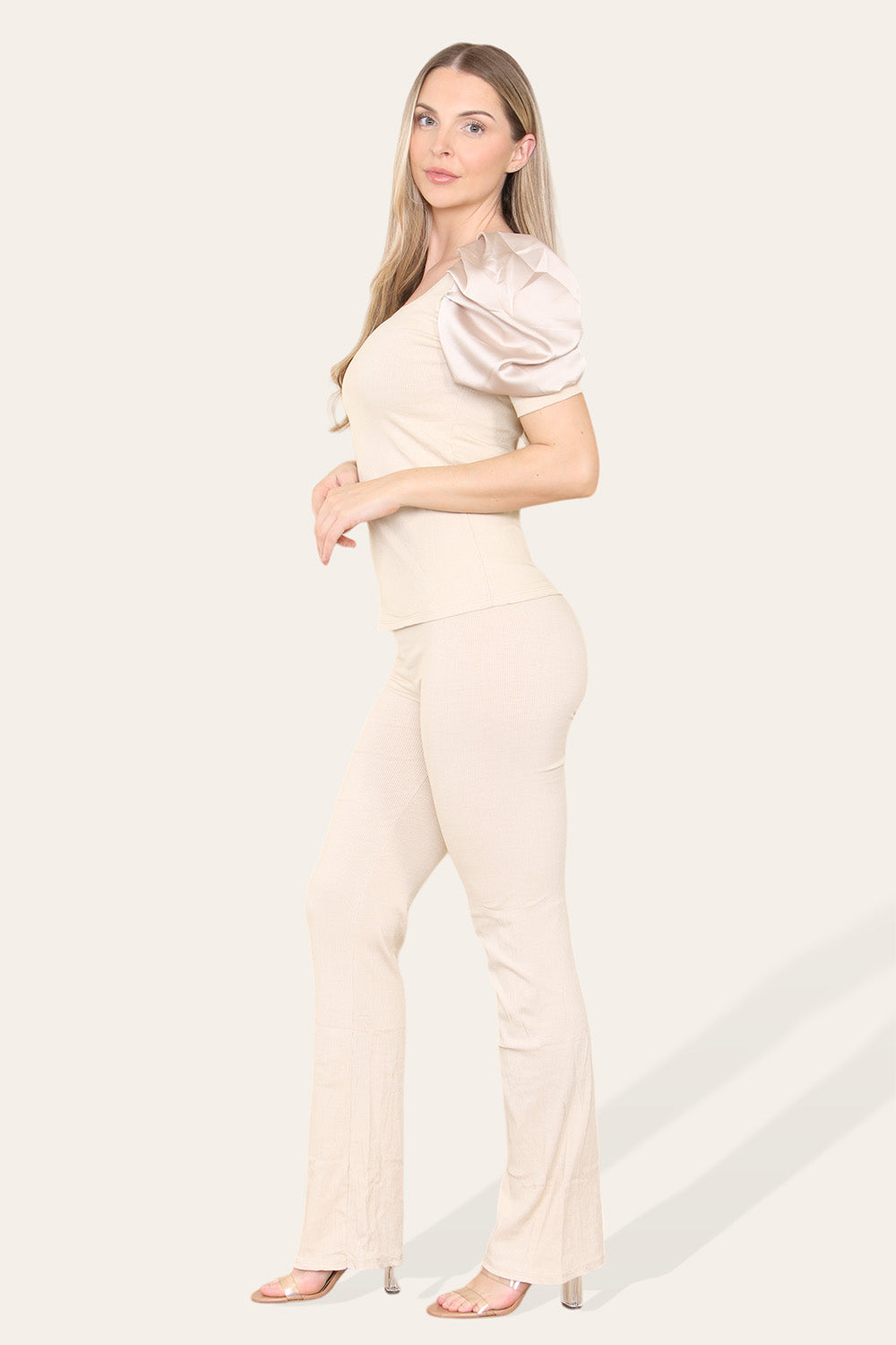 Silky Satin Puff Sleeves Ribbed Lounge Set - 9th Degree