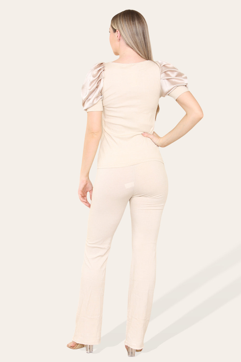 Silky Satin Puff Sleeves Ribbed Lounge Set - 9th Degree